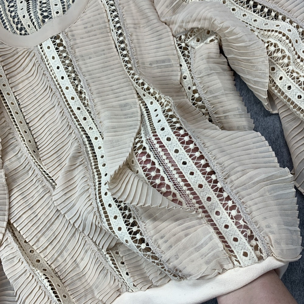 Gracia Beige Cream Top Beige Ruffle Sheer See Through Lace Long Sleeve - Size S - Picture 3 of 9